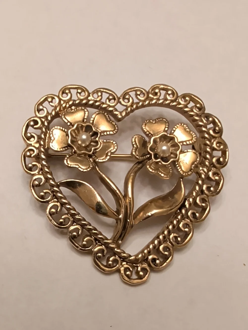 Gold Tone Heart Floral Brooch with Pearled Accents